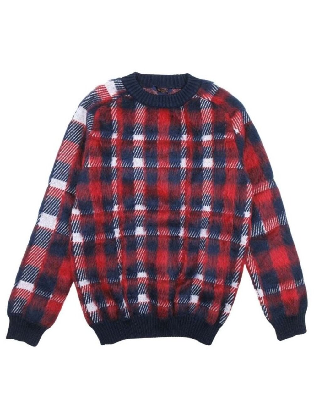 Louis Vuitton Plaid Pullover Shaggy Knit Sweater Long Sleeve Mohair XXS Navy Red